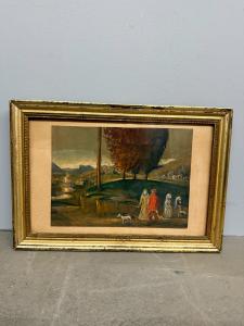 Antique painting, late 1800s, watercolor landscape, 41x29 cm